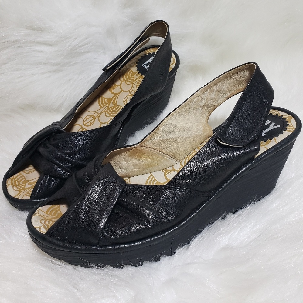 Fly London Leather Knot Open Toe Wedge Sandals 39